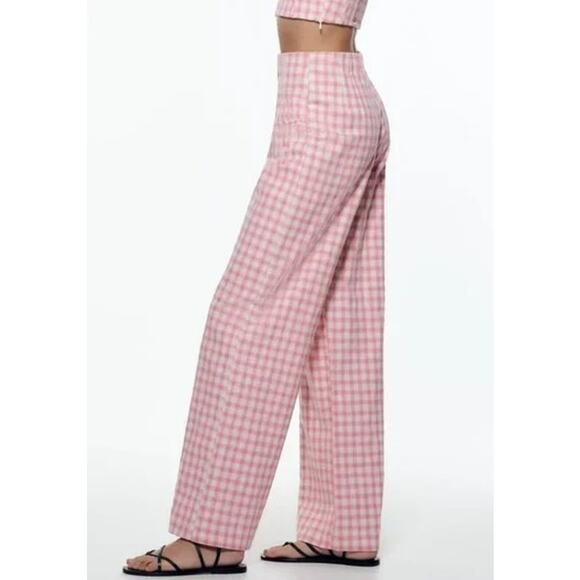ZARA Full Length Gingham Plaid Wide Leg Pants High Rise Trouser Pink/ White - Picture 4 of 12